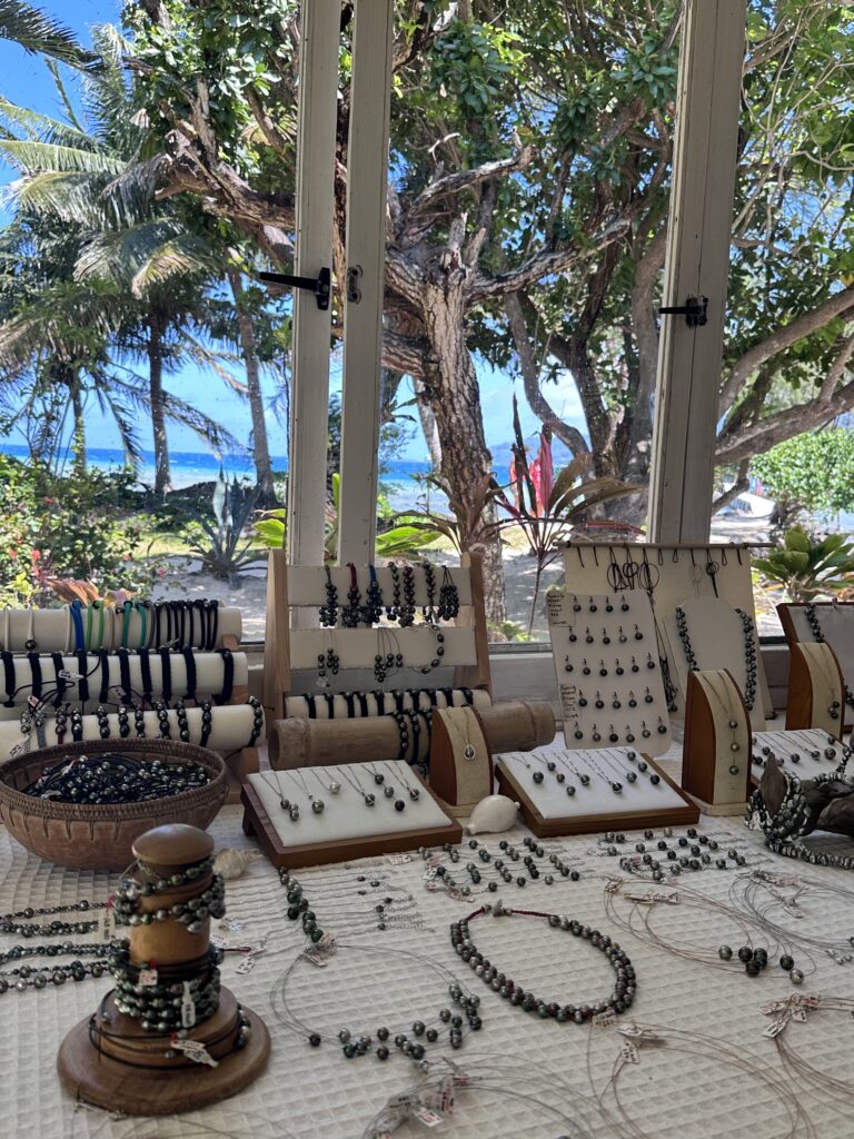 A selection of jewellery made with black pearls with the tropical sea in the background