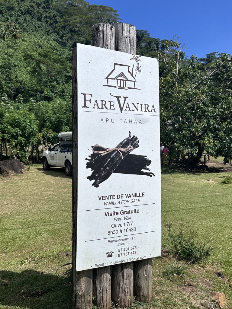 A sign for the Fare Vanira vanilla plantation in Tahaa